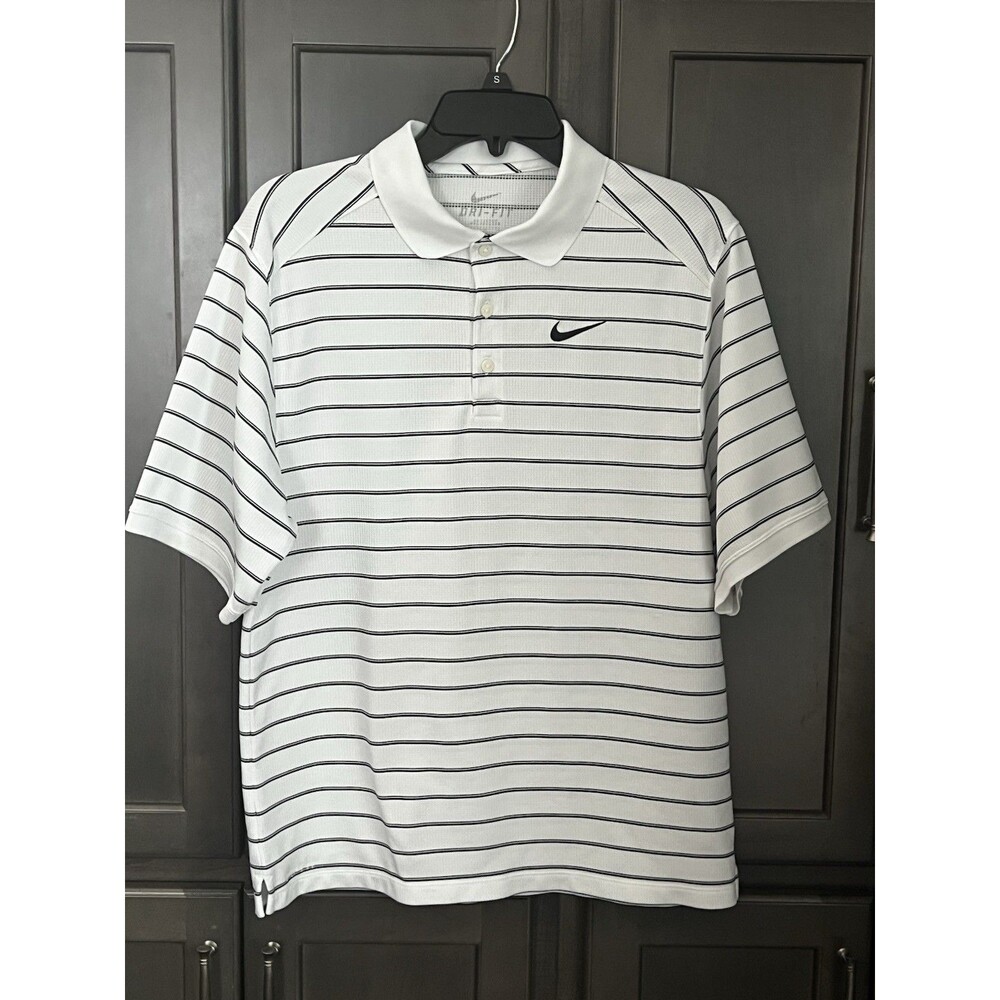 Nike Golf Dri-Fit Polo Shirt Men's Small White & Black Striped Standard Fit